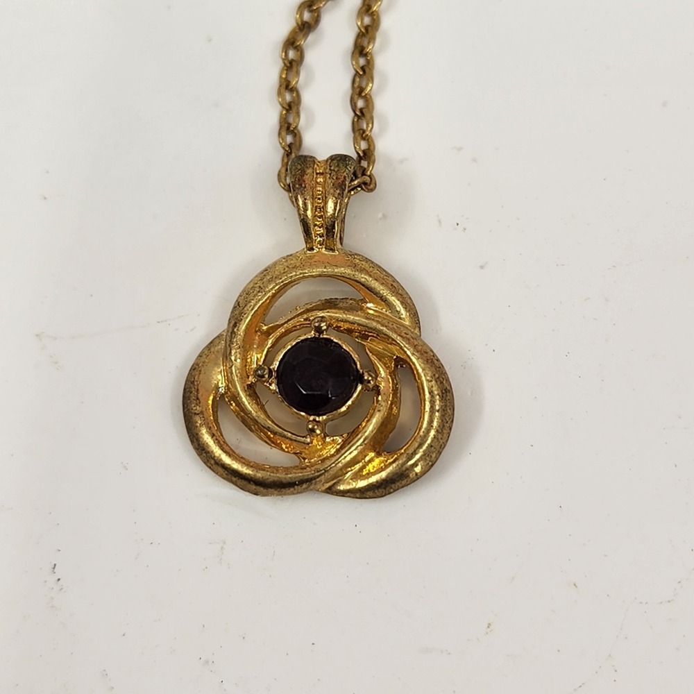 Gold Tone Purple Rhinestone Swirl Pendant Necklace Vintage Romantic Statement